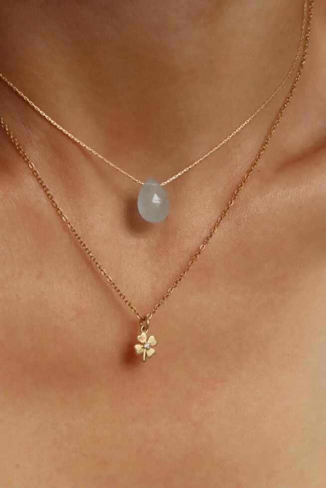 סט שרשראות זהב לאישה, שרשראות זהב מדורגות, שרשרת אקוומרין לאישה, שרשרת תלתן לאישה, שרשראות אבני חן, אבן אקוומרין, תליון תלתן