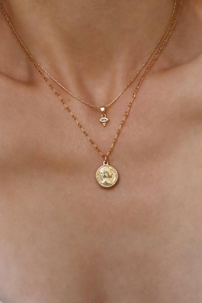 סט שרשראות לאישה, שרשראות זהב לנשים, שרשרת מטבע זהב, שרשרת מטבע לאישה, שרשראות זהב מדורגות, תליון זהב משובץ