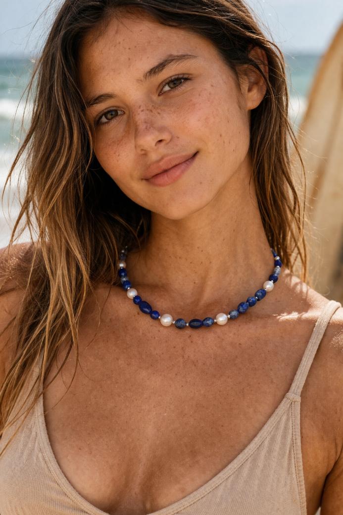 שרשרת לאפיס לזולי לאישה, שרשראות אבני חן, שרשראות פנינים קצרות, שרשרת פנינים קצרה, תכשיטים עם לאפיס לזולי (2)