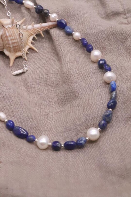 שרשרת לאפיס לזולי לאישה, שרשראות אבני חן, שרשראות פנינים קצרות, שרשרת פנינים קצרה, תכשיטים עם לאפיס לזולי