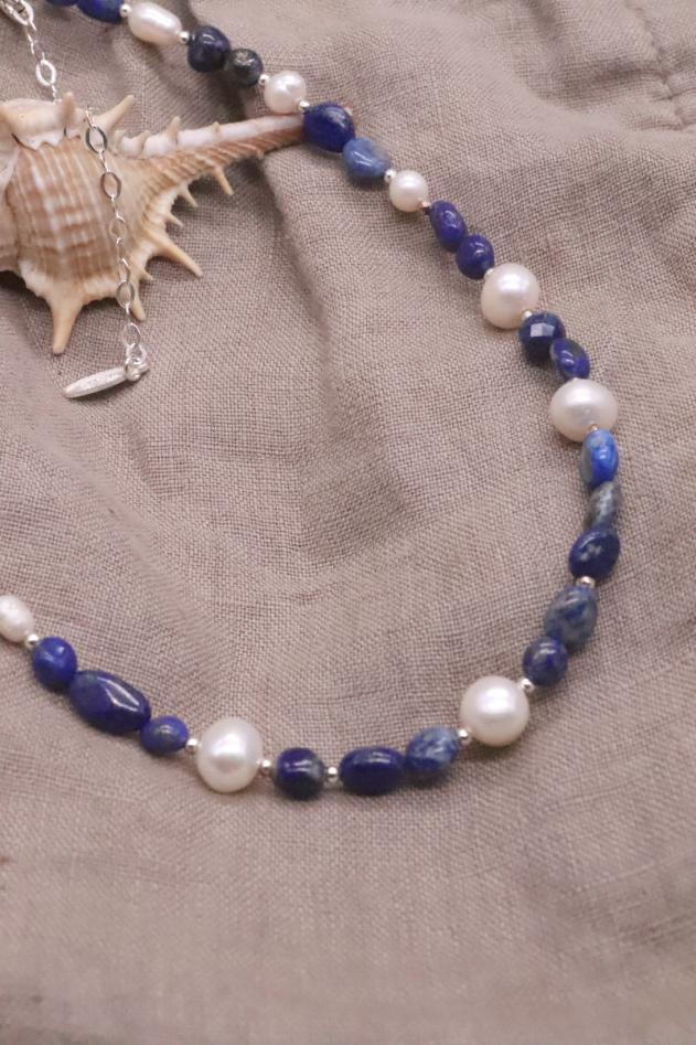 שרשרת לאפיס לזולי לאישה, שרשראות אבני חן, שרשראות פנינים קצרות, שרשרת פנינים קצרה, תכשיטים עם לאפיס לזולי