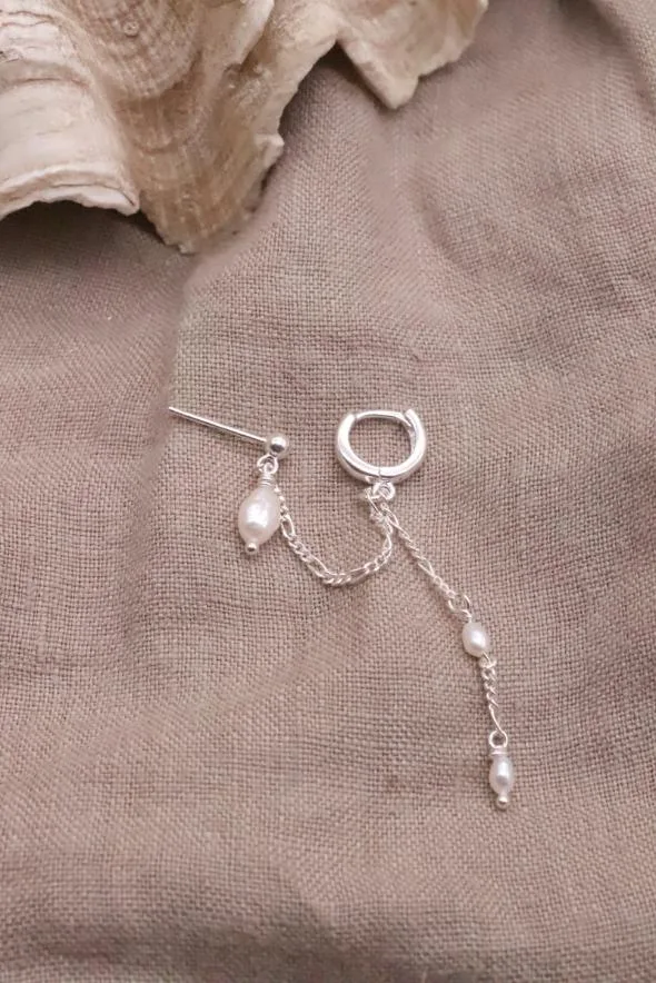 חישוק פנינה, עגיל שרשרת כפול, עגיל פנינה צמוד, עגילים מדורגים כסף 925