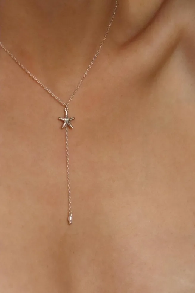 שרשרת כוב ים, שרשרת עניבה לאישה, שרשראות כסף עדינות לנשים, תליון כוכב ים קטן, שרשרת פנינה לאישה (2)