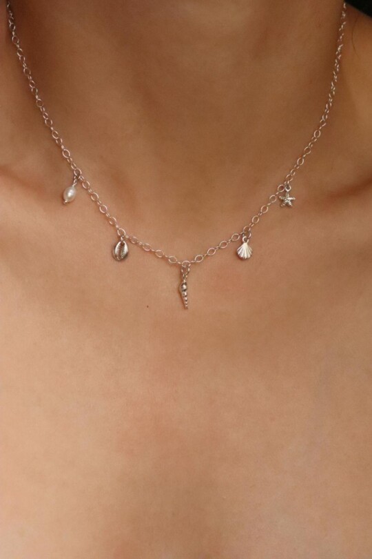 שרשרת צ'ארמים מכסף 925, שרשרת צדף כסף 925, שרשרת כוכב ים מכסף 925, שרשראות קצרות לאישה, תליונים מכסף 925