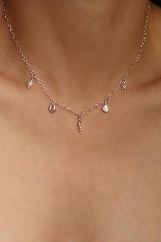 שרשרת צ'ארמים מכסף 925, שרשרת צדף כסף 925, שרשרת כוכב ים מכסף 925, שרשראות קצרות לאישה, תליונים מכסף 925