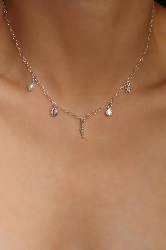 שרשרת צ'ארמים מכסף 925, שרשרת צדף כסף 925, שרשרת כוכב ים מכסף 925, שרשראות קצרות לאישה, תליונים מכסף 925